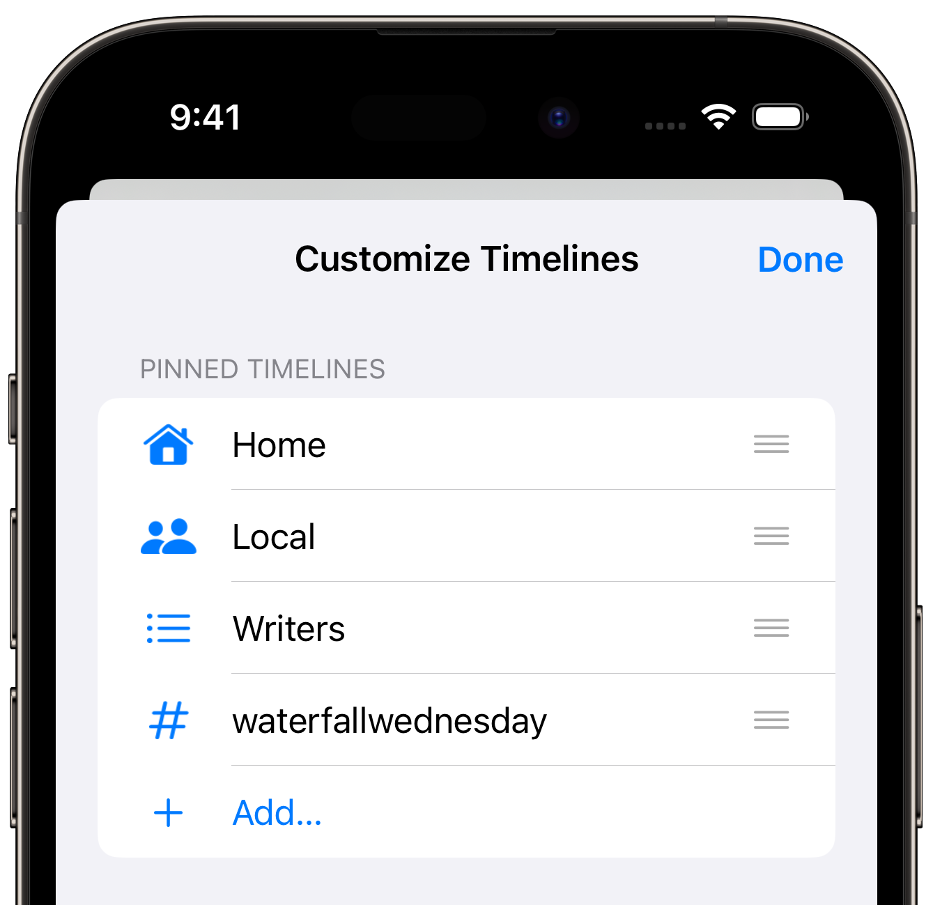 The Customize Timelines screen, showing the Home and Local timelines are pinned, along with the Writers list, and #waterfallwednesday