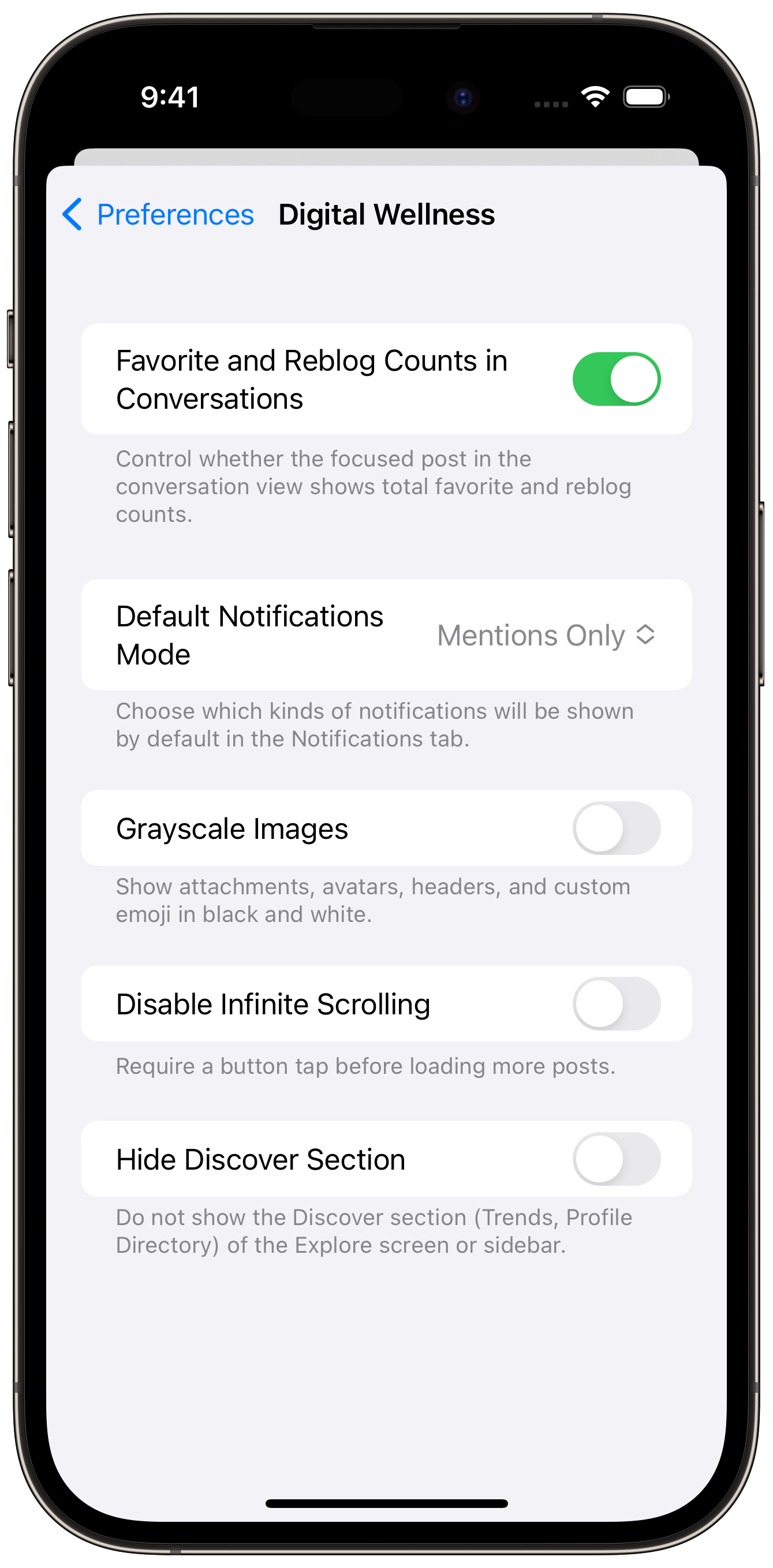 Tusker's digital wellness preferences: Favorite and reblog counts in conversations, default notifications mode, grayscale images, disable infinite scrolling, and hide discover section