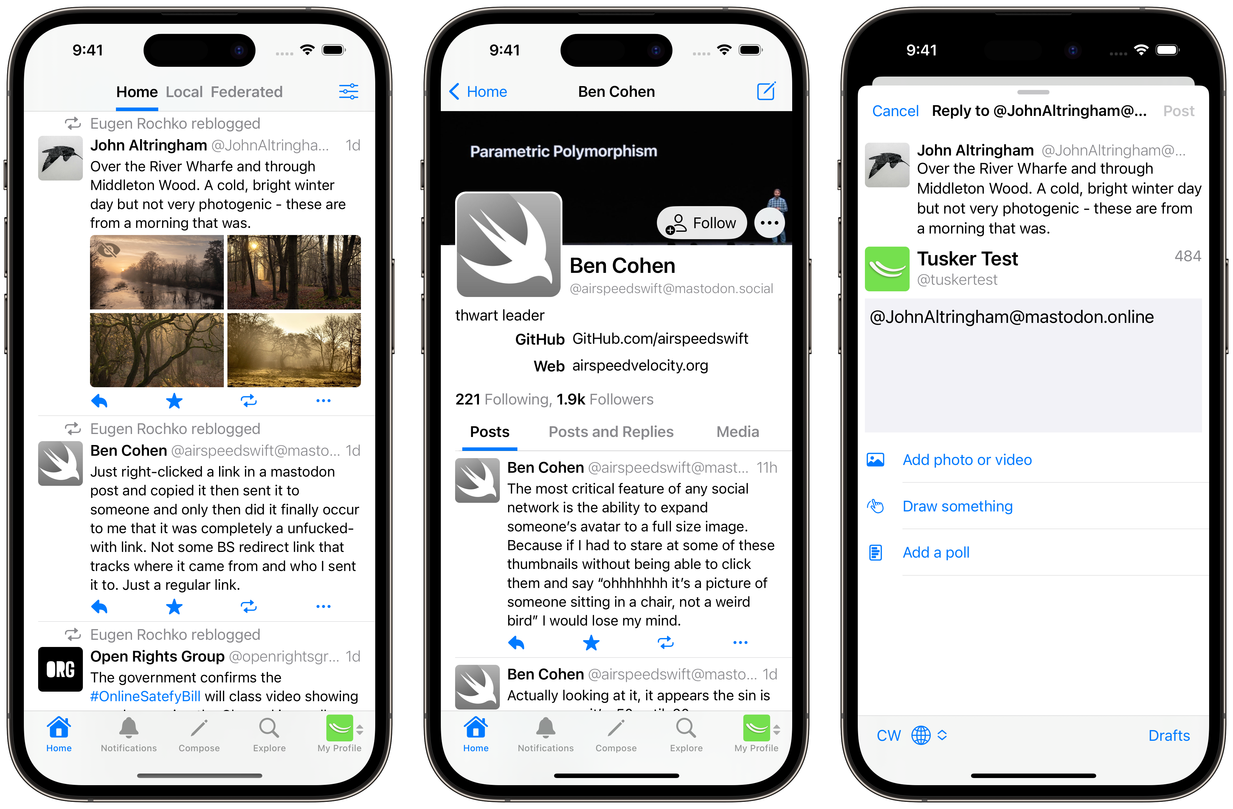 Timeline, profile, and compose screens