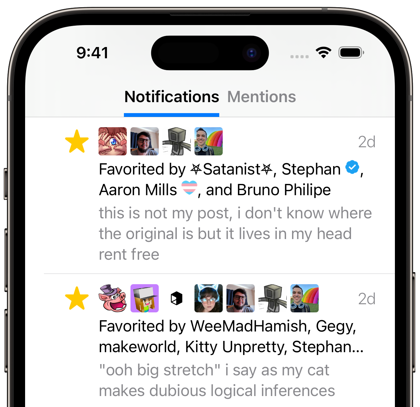 Screenshot of the Tusker notifications tab, showing several favorite notifications for the same post grouped into a single row