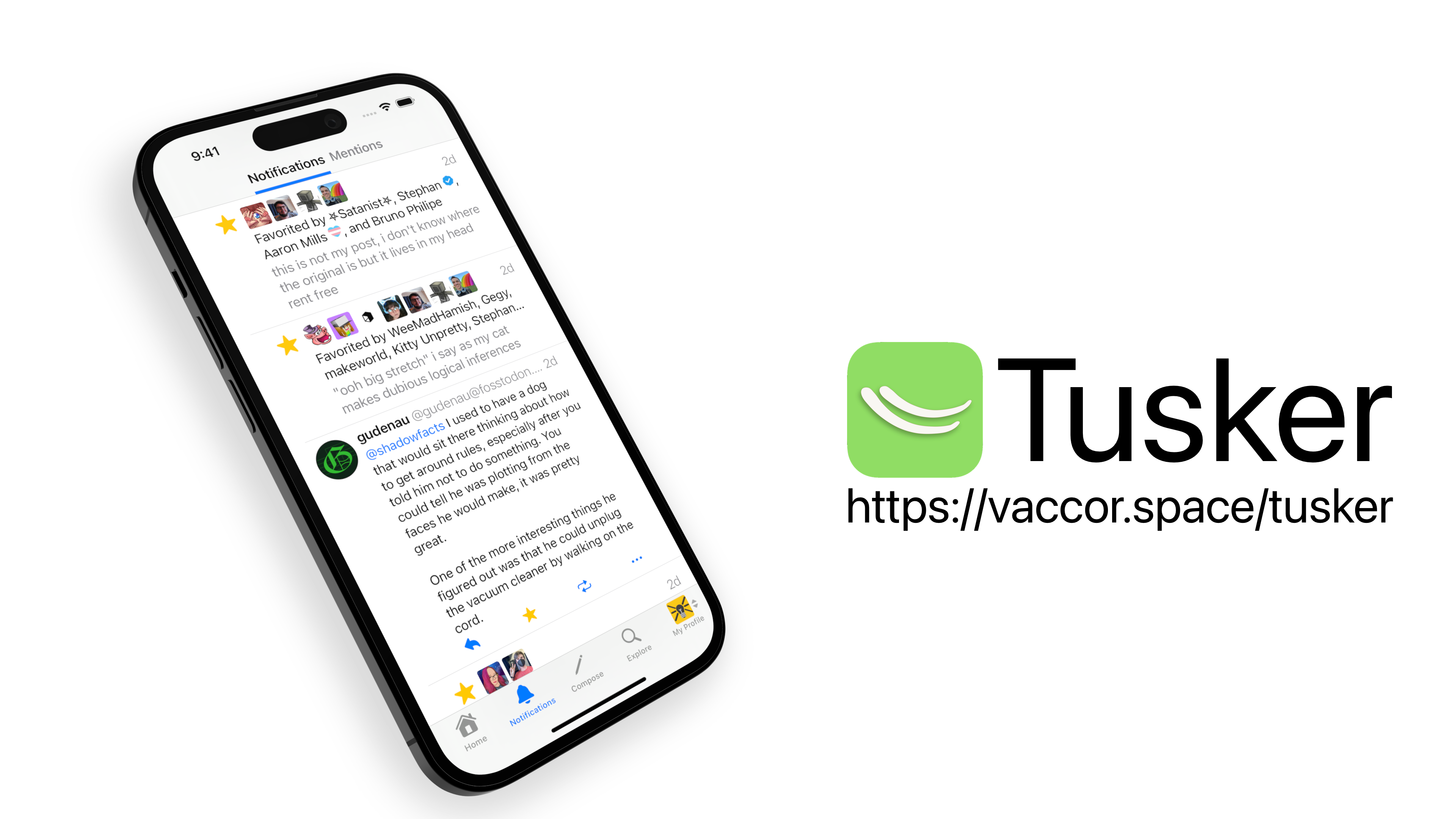 Tusker notifications screen on a phone tilted back at an angle, with the app icon, name, and URL